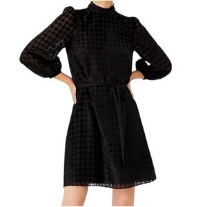 Ann Taylor Houndstooth Shift Dress Black Mock Neck Sheer Sleeves NEW 14 Petite